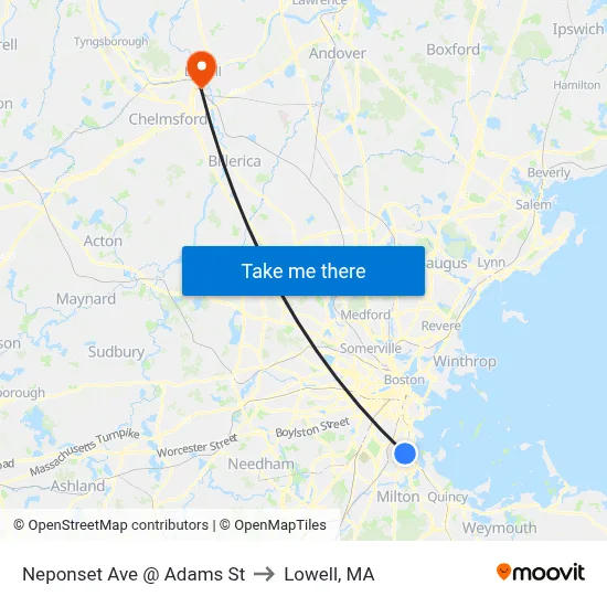 Neponset Ave @ Adams St to Lowell, MA map