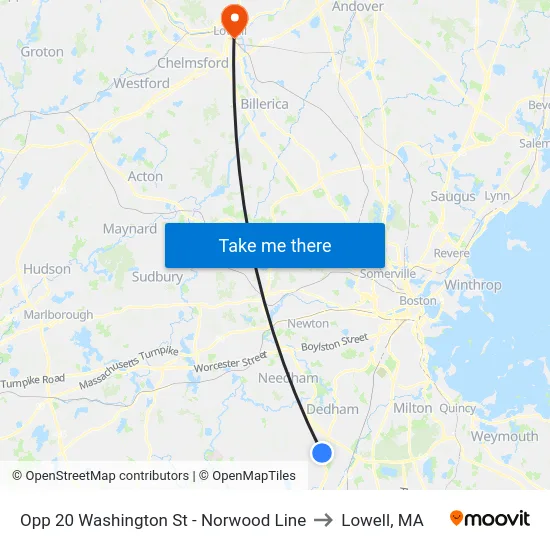 Opp 20 Washington St - Norwood Line to Lowell, MA map