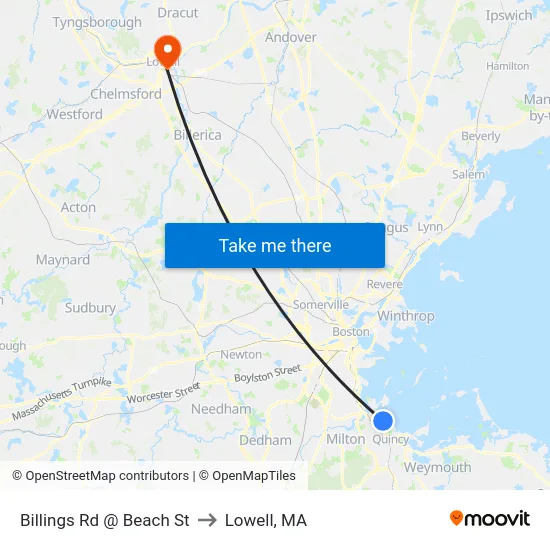 Billings Rd @ Beach St to Lowell, MA map