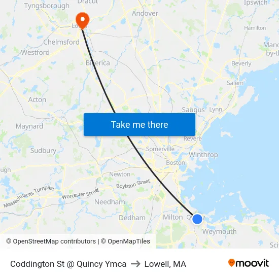 Coddington St @ Quincy Ymca to Lowell, MA map