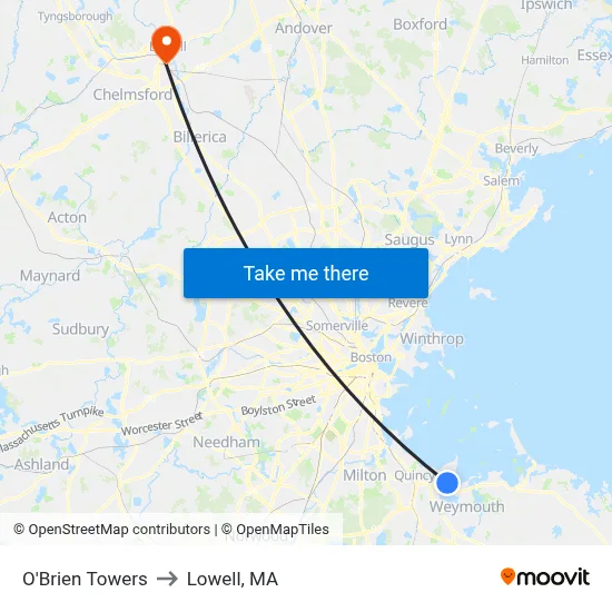 O'Brien Towers to Lowell, MA map