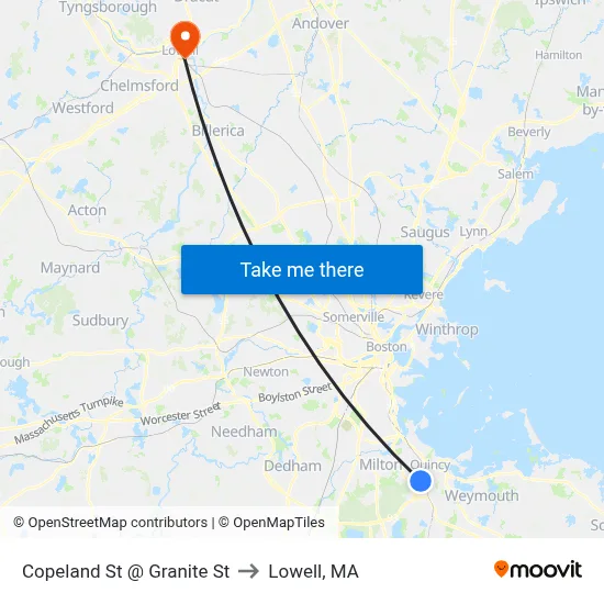 Copeland St @ Granite St to Lowell, MA map