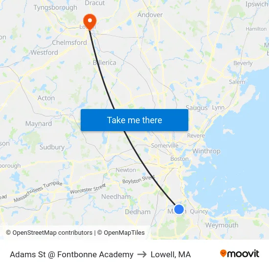 Adams St @ Fontbonne Academy to Lowell, MA map