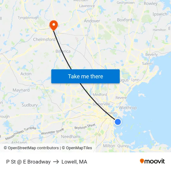 P St @ E Broadway to Lowell, MA map