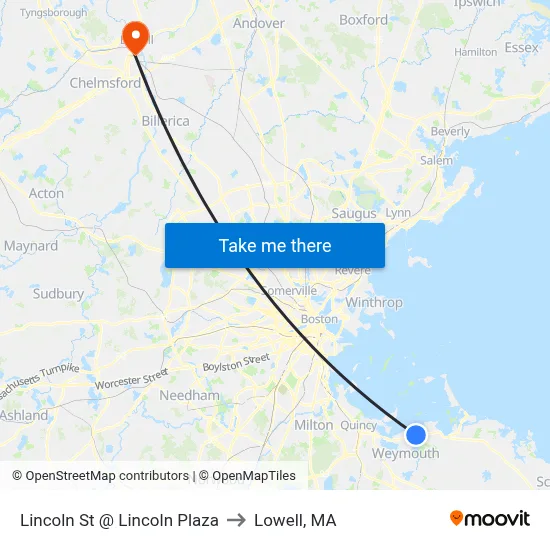 Lincoln St @ Lincoln Plaza to Lowell, MA map