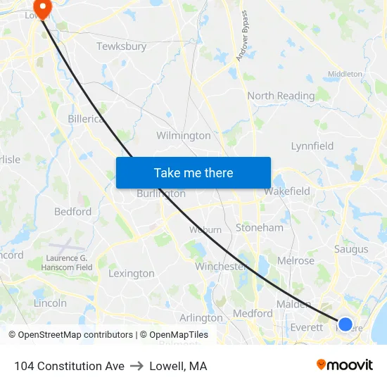 104 Constitution Ave to Lowell, MA map
