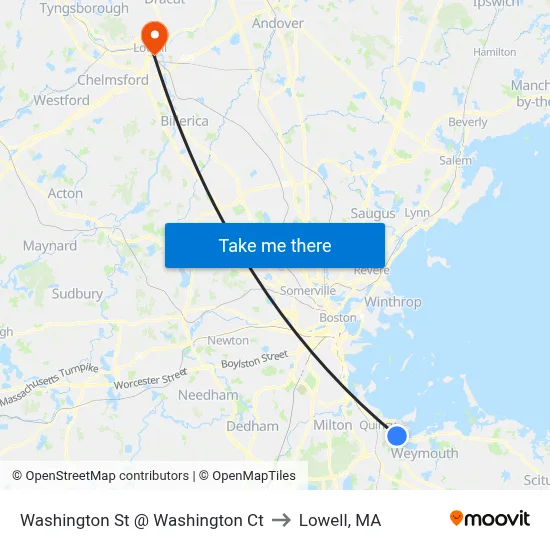 Washington St @ Washington Ct to Lowell, MA map