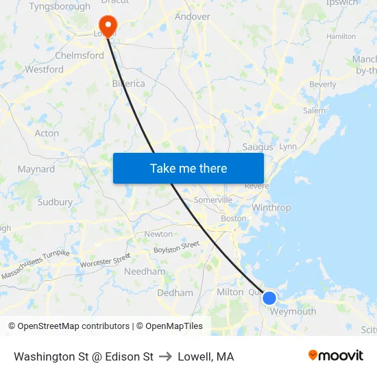 Washington St @ Edison St to Lowell, MA map
