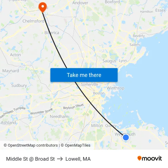 Middle St @ Broad St to Lowell, MA map