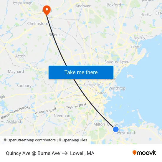 Quincy Ave @ Burns Ave to Lowell, MA map
