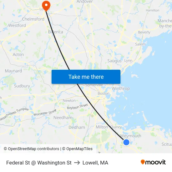 Federal St @ Washington St to Lowell, MA map