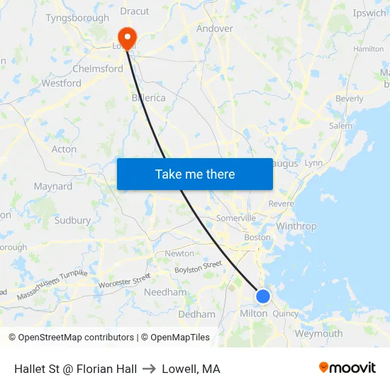 Hallet St @ Florian Hall to Lowell, MA map