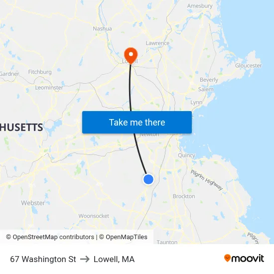 67 Washington St to Lowell, MA map