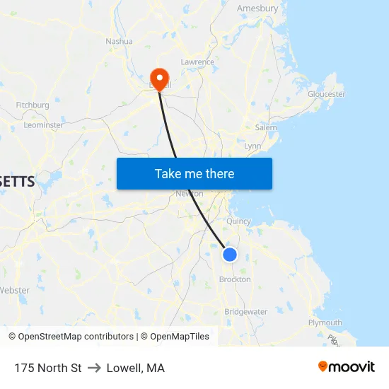 175 North St to Lowell, MA map