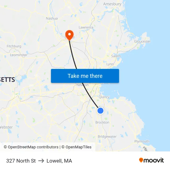 327 North St to Lowell, MA map