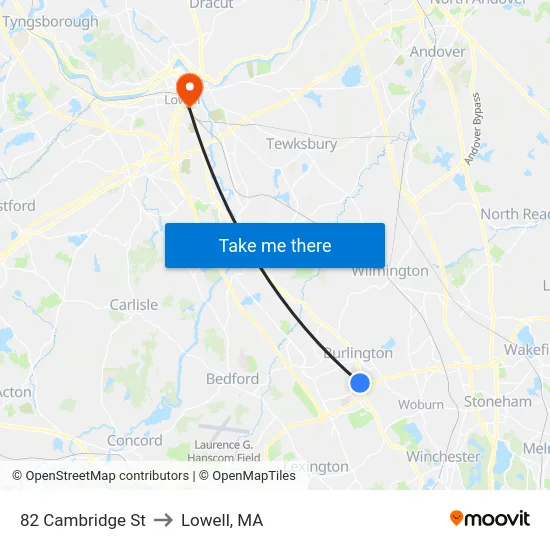 82 Cambridge St to Lowell, MA map