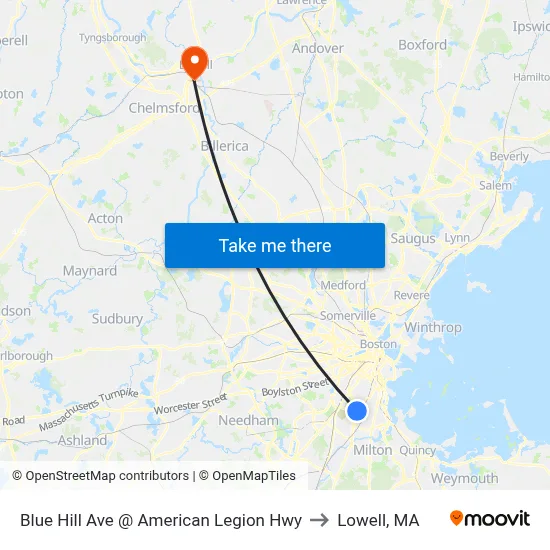 Blue Hill Ave @ American Legion Hwy to Lowell, MA map