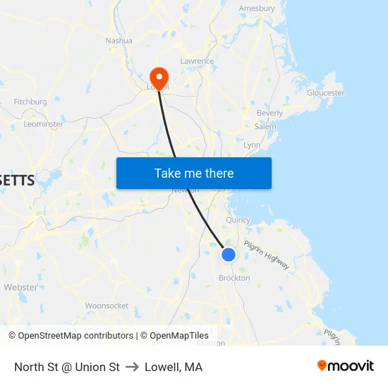North St @ Union St to Lowell, MA map