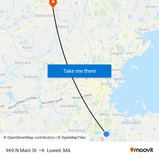 969 N Main St to Lowell, MA map