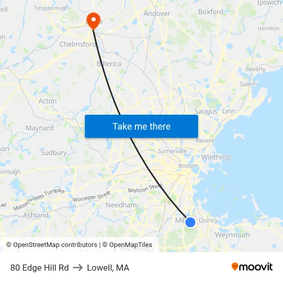 80 Edge Hill Rd to Lowell, MA map