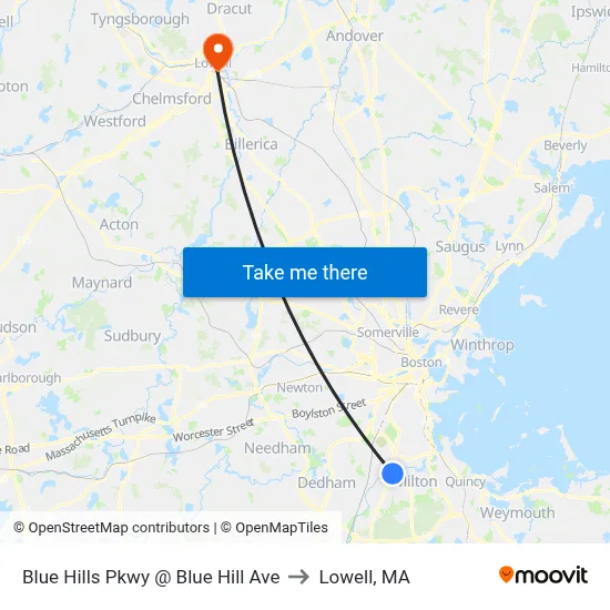 Blue Hills Pkwy @ Blue Hill Ave to Lowell, MA map