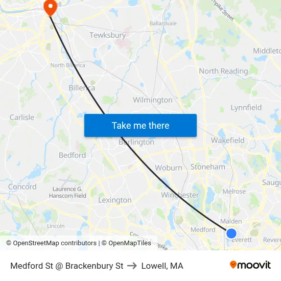 Medford St @ Brackenbury St to Lowell, MA map