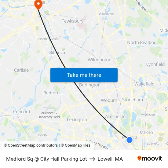 Medford Sq @ City Hall Parking Lot to Lowell, MA map