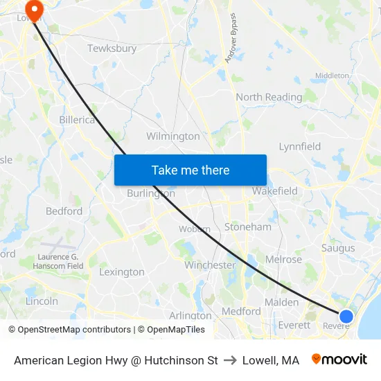 American Legion Hwy @ Hutchinson St to Lowell, MA map