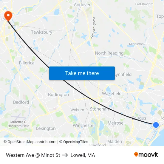 Western Ave @ Minot St to Lowell, MA map