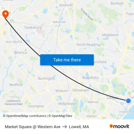 Market Square @ Western Ave to Lowell, MA map