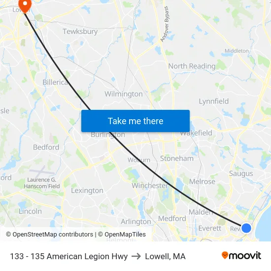 133 - 135 American Legion Hwy to Lowell, MA map