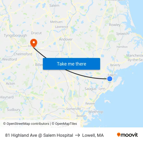 81 Highland Ave @ Salem Hospital to Lowell, MA map