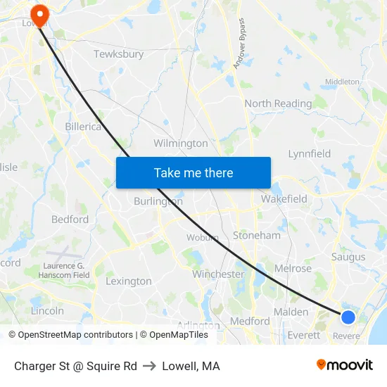 Charger St @ Squire Rd to Lowell, MA map