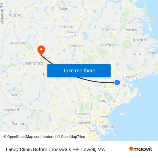 Lahey Clinic Before Crosswalk to Lowell, MA map