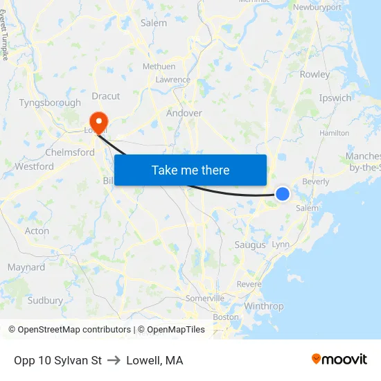 Opp 10 Sylvan St to Lowell, MA map