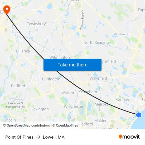 Point Of Pines to Lowell, MA map