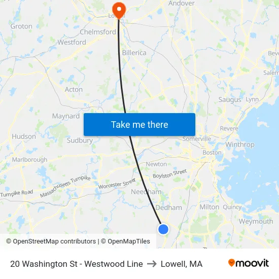 20 Washington St - Westwood Line to Lowell, MA map