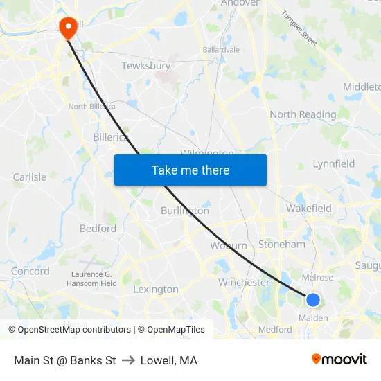 Main St @ Banks St to Lowell, MA map