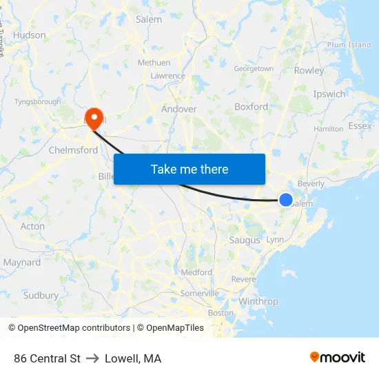 86 Central St to Lowell, MA map