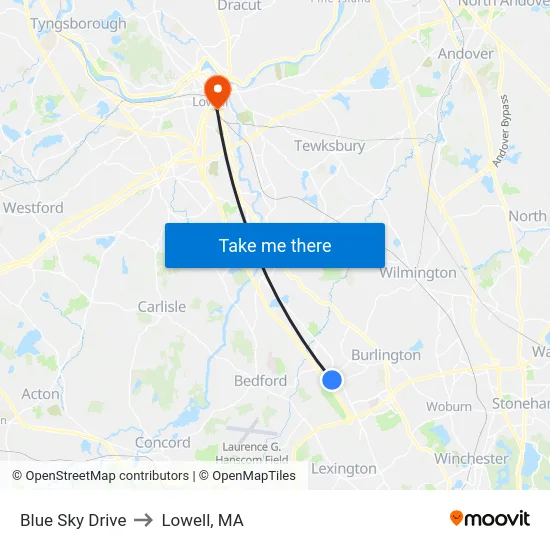 Blue Sky Drive to Lowell, MA map