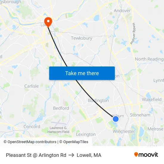 Pleasant St @ Arlington Rd to Lowell, MA map