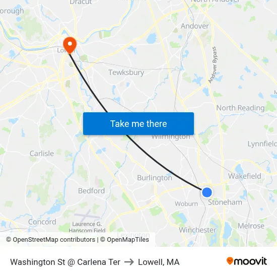 Washington St @ Carlena Ter to Lowell, MA map