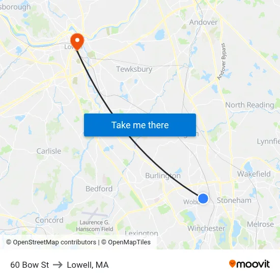 60 Bow St to Lowell, MA map