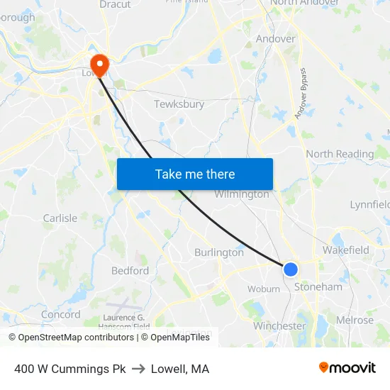 400 W Cummings Pk to Lowell, MA map