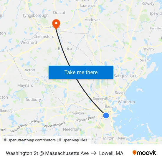 Washington St @ Massachusetts Ave to Lowell, MA map