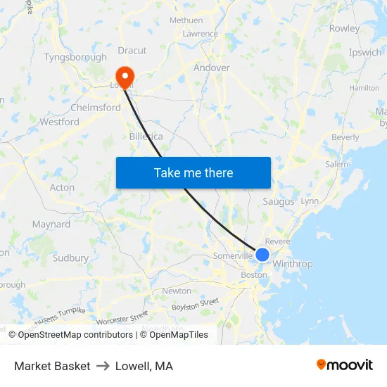 Market Basket to Lowell, MA map