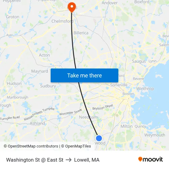 Washington St @ East St to Lowell, MA map