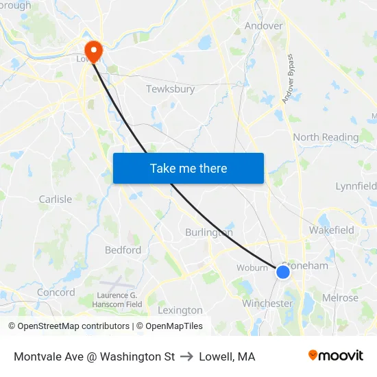 Montvale Ave @ Washington St to Lowell, MA map