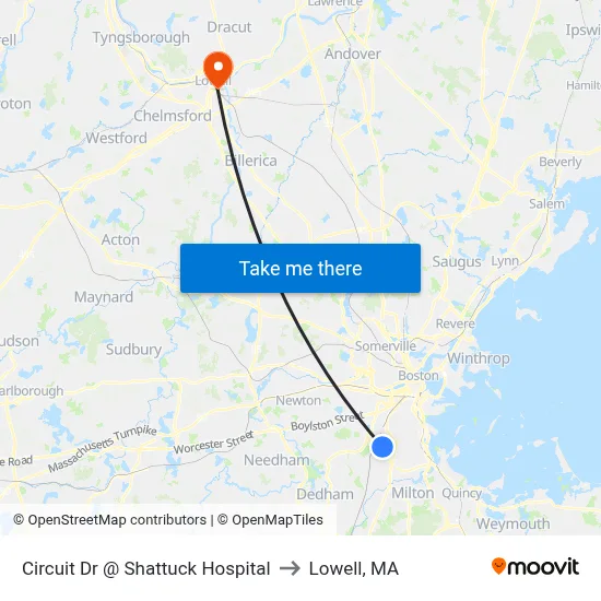 Circuit Dr @ Shattuck Hospital to Lowell, MA map