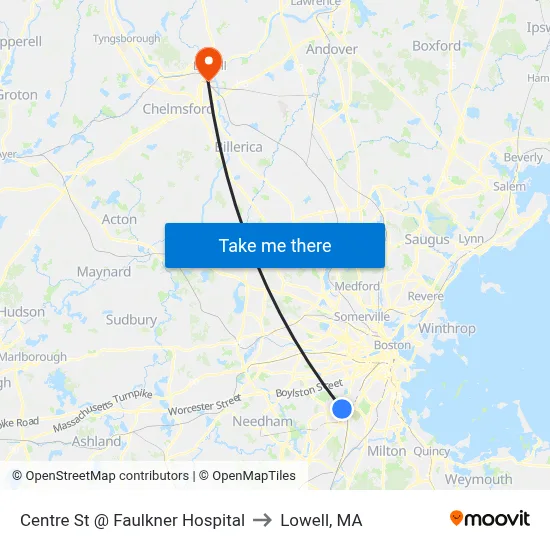 Centre St @ Faulkner Hospital to Lowell, MA map